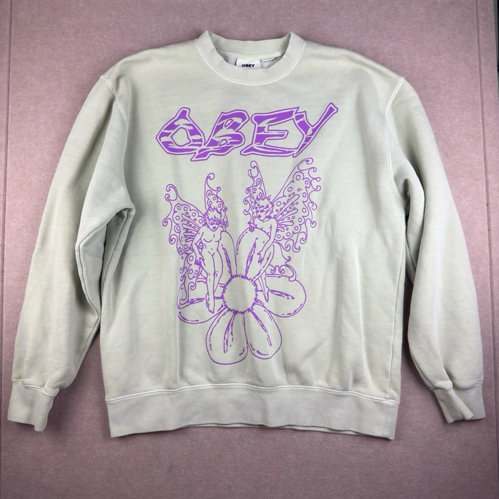 Y2K Obey Sweatshirt Men M Mint Green Fairy Flower Graphic Crewneck Pullover‎